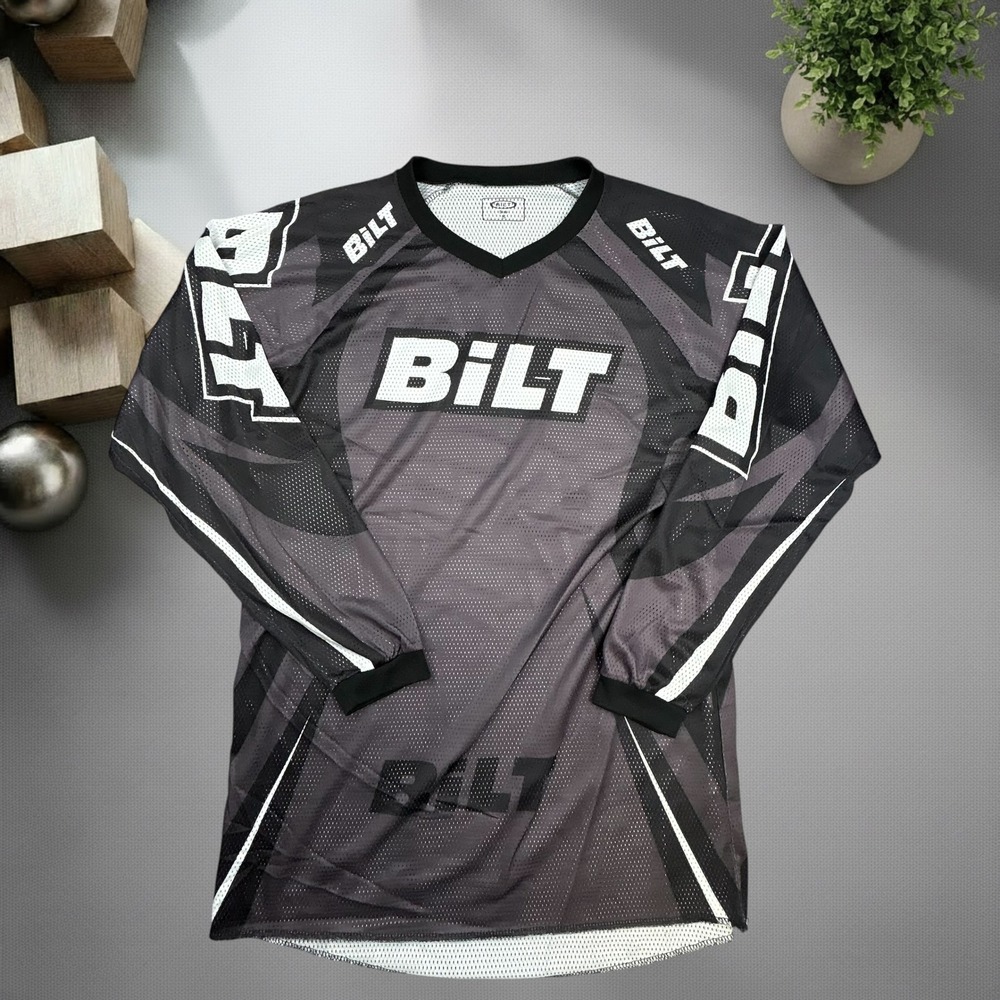 Bilt Motocross Jersey Large Black Gray Mesh Long Sleeve Y2K Biker Skater Shirt